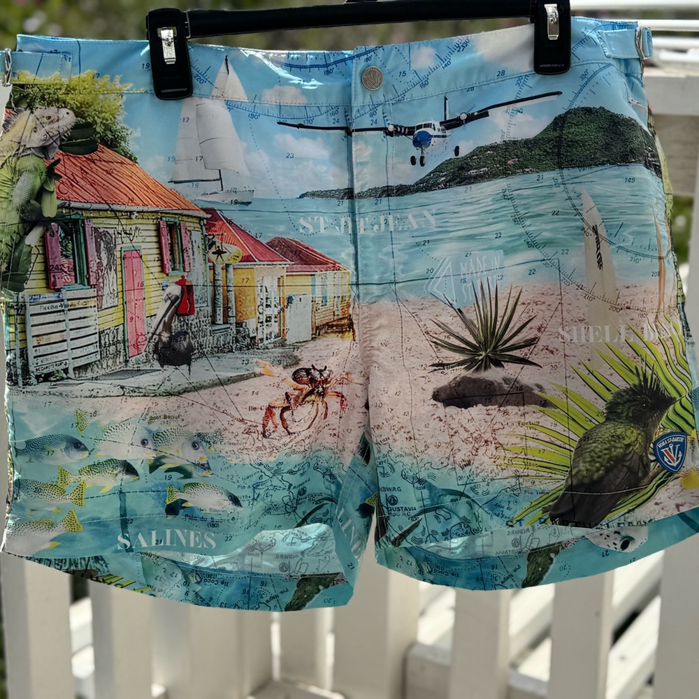 Voila St Barth colorful Beach Scene Swim Shorts